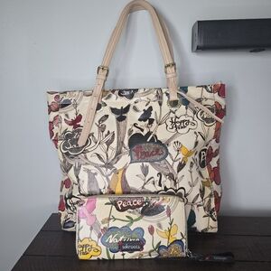 Sakroots Nature Doodle Birds Shoulder Bag And Peace Wallet Coated Canvas Tote